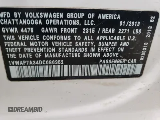 2013 Volkswagen Passat S w/Appearance with VIN 1VWAP7A34DC086352, listed as a Copart auction lot 54790925 with 121,106 mi miles and Clean Title. Bid and sale history available at carsss.com. Image 12.