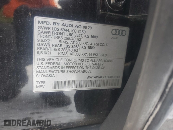 2020 Audi SQ7 z VIN WA1AWAF7XLD012144, wystawiony jako Copart lot #85508274 z przebiegiem 74 642 mil mil oraz Szkoda całkowita • Salvage title. Historia ofert i sprzedaży dostępna na DreamBid. Obrazek 13.