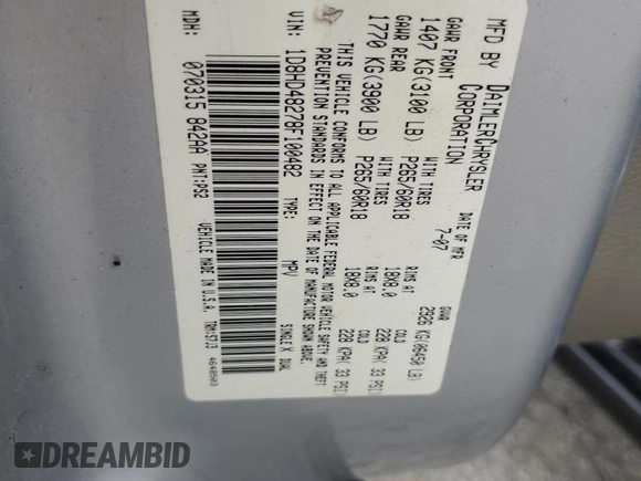 2008 Dodge Durango SLT with VIN 1D8HD48278F100482, listed as a Copart auction lot 78818454 with Not provided miles and Salvage title. Bid and sale history available at DreamBid. Image 13.