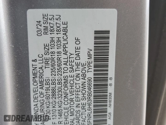 2024 Honda Odyssey EX-L with VIN 5FNRL6H63RB046690, listed as a Copart auction lot 55669855 with 7,829 mi miles and Salvage Title. Bid and sale history available at DreamBid. Image 13.