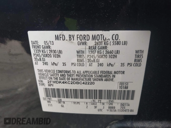 2013 Ford Edge Limited with VIN 2FMDK4KC2DBC42220, listed as a IAAI auction lot 42124486 with 186,326 mi miles. Bid and sale history available at carsss.com. Image 9.