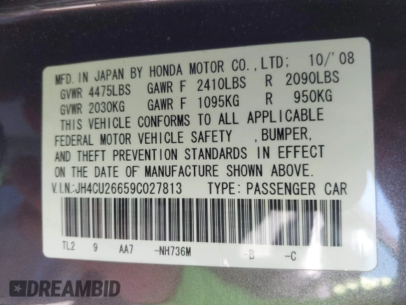 2009 Acura TSX with VIN JH4CU26659C027813, listed as a IAAI auction lot 41848415 with 216,257 mi miles. Bid and sale history available at carsss.com. Image 9.