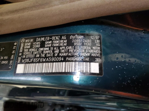 1998 Mercedes-Benz E-Class with VIN WDBJF65F6WA590094, listed as a Copart auction lot 72751984 with 196,048 mi miles and Salvage Title. Bid and sale history available at carsss.com. Image 12.