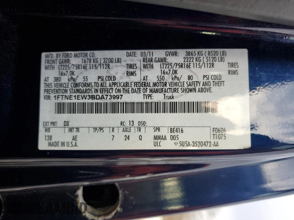 2011 Ford Econoline Cargo Commercial with VIN 1FTNE1EW3BDA73997, listed as a Copart auction lot 47467815 with 42,261 mi miles and Clean Title. Bid and sale history available at DreamBid. Image 13.