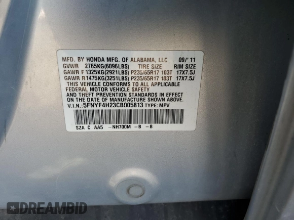 2012 Honda Pilot LX with VIN 5FNYF4H23CB005813, listed as a Copart auction lot 66602484 with Not Provided miles and Salvage Title. Bid and sale history available at carsss.com. Image 16.