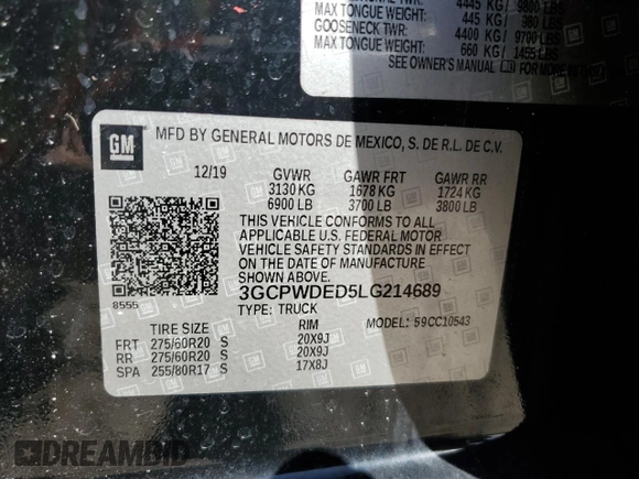 2020 Chevrolet Silverado 1500 RST with VIN 3GCPWDED5LG214689, listed as a Copart auction lot 87282244 with 96,428 mi miles and Non Repairable. Bid and sale history available at DreamBid. Image 12.