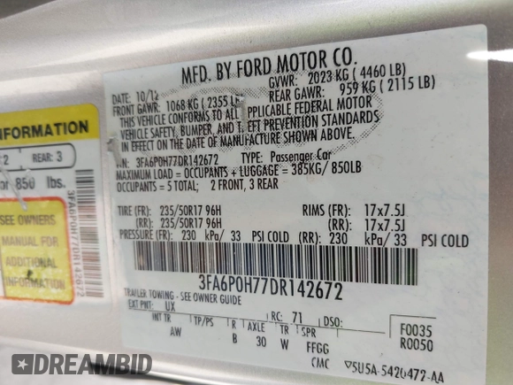 2013 Ford Fusion SE with VIN 3FA6P0H77DR142672, listed as a IAAI auction lot 42020743 with 158,375 mi miles. Bid and sale history available at carsss.com. Image 9.