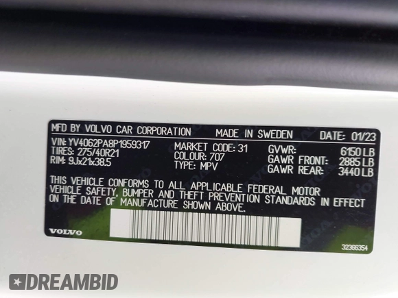 2023 Volvo XC90 Ultimate with VIN YV4062PA8P1959317, listed as a IAAI auction lot 41683784 with 16,972 mi miles and . Bid and sale history available at DreamBid. Image 9.