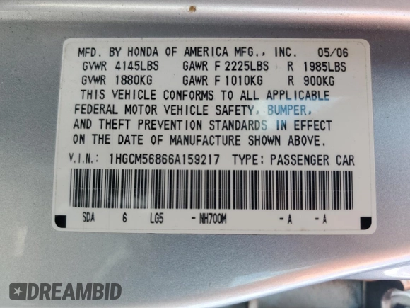 2006 Honda Accord EX-L z VIN 1HGCM56866A159217, wystawiony jako Copart lot #54994945 z przebiegiem 127 522 mil mil oraz Szkoda całkowita • Salvage title. Historia ofert i sprzedaży dostępna na DreamBid. Obrazek 12.