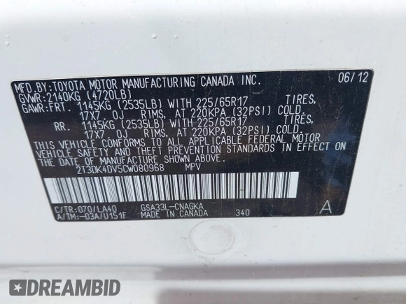 2012 Toyota RAV4 Limited with VIN 2T3DK4DV5CW080968, listed as a IAAI auction lot 42217038 with Not provided miles and . Bid and sale history available at DreamBid. Image 9.