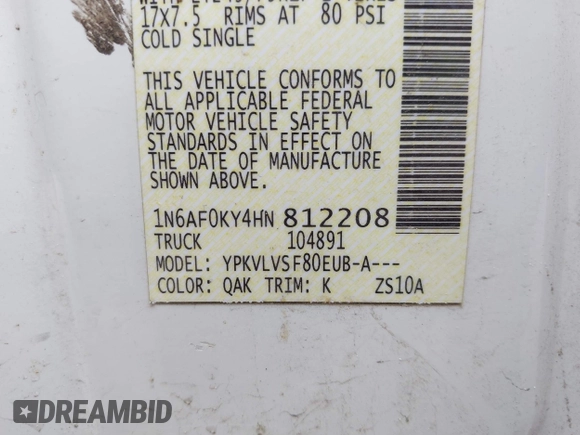 2017 Nissan NV SV with VIN 1N6AF0KY4HN812208, listed as a IAAI auction lot 42114308 with 110,035 mi miles and . Bid and sale history available at DreamBid. Image 9.