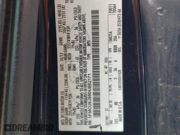 2013 Ford Escape Titanium с VIN 1FMCU9J95DUB62171, выставлен на аукционе Copart как лот 57320995 с пробегом 207 524 миль миль и Чистый • Clean title. История ставок и продаж доступна на DreamBid. Изображение 13.