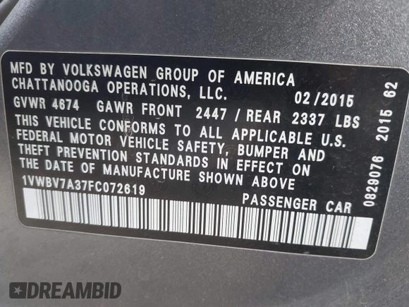 2015 Volkswagen Passat SE z VIN 1VWBV7A37FC072619, wystawiony jako IAAI lot #42389938 z przebiegiem 159 709 mil mil oraz . Historia ofert i sprzedaży dostępna na DreamBid. Obrazek 9.