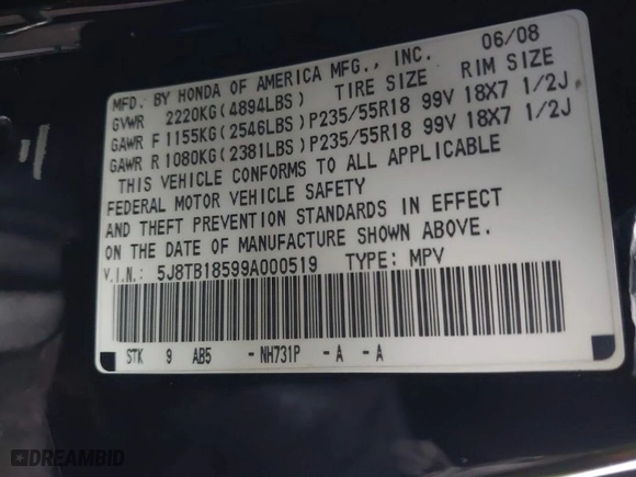 2009 Acura RDX Tech Pkg with VIN 5J8TB18599A000519, listed as a IAAI auction lot 41914817 with 204,441 mi miles. Bid and sale history available at carsss.com. Image 9.