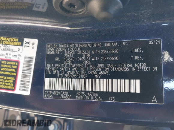 2021 Toyota Highlander XSE with VIN 5TDJZRBH0MS121857, listed as a IAAI auction lot 41718189 with Not provided miles and . Bid and sale history available at DreamBid. Image 9.