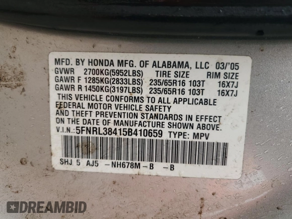2005 Honda Odyssey EX with VIN 5FNRL38415B410659, listed as a Copart auction lot 58535455 with 198,250 mi miles and Salvage title. Bid and sale history available at DreamBid. Image 14.