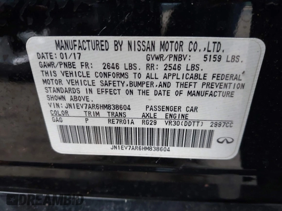 2017 Infiniti Q50 3.0t Premium with VIN JN1EV7AR6HM838604, listed as a IAAI auction lot 41515766 with 60,611 mi miles. Bid and sale history available at carsss.com. Image 9.