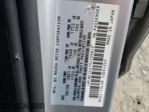 2009 Mazda 3 i Touring Value with VIN JM1BK32G791209810, listed as a Copart auction lot 55175635 with 115,234 mi miles and Salvage Title. Bid and sale history available at DreamBid. Image 13.