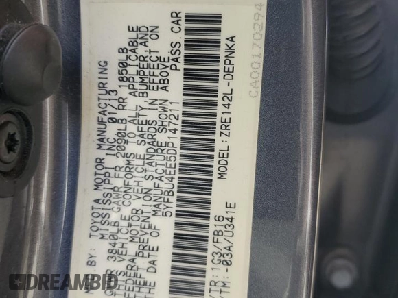 2013 Toyota Corolla L with VIN 5YFBU4EE5DP147211, listed as a Copart auction lot 55320695 with 155,874 mi miles and Salvage Title. Bid and sale history available at DreamBid. Image 12.