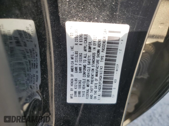 2016 Honda Accord Sport with VIN 1HGCR2F54GA163743, listed as a Copart auction lot 62737345 with 184,815 mi miles and Clean title. Bid and sale history available at DreamBid. Image 12.