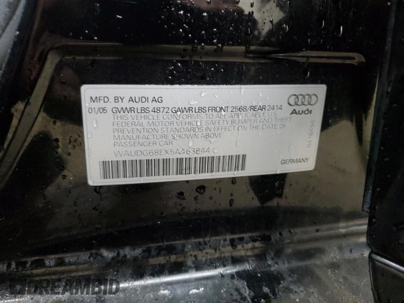2005 Audi A4 3.2L with VIN WAUDG68EX5A463844, listed as a Copart auction lot 43537705 with 170,328 mi miles and Salvage Title. Bid and sale history available at carsss.com. Image 15.