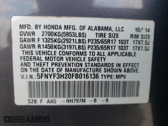 2015 Honda Pilot LX with VIN 5FNYF3H20FB016136, listed as a Copart auction lot 50865055 with 111,069 mi miles and Clean Title. Bid and sale history available at carsss.com. Image 16.