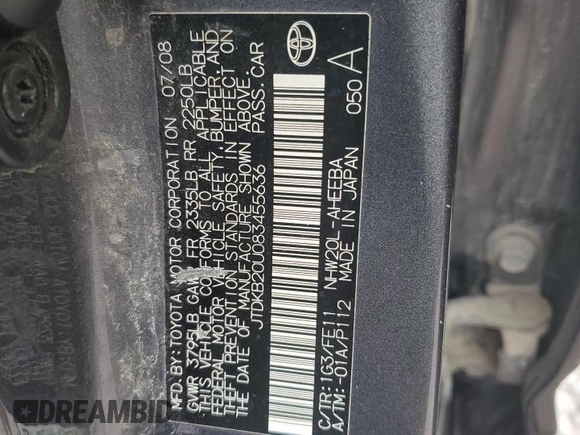 2008 Toyota Prius with VIN JTDKB20U083455636, listed as a Copart auction lot 68059474 with 206,366 mi miles and Salvage Title. Bid and sale history available at carsss.com. Image 14.