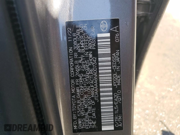 2022 Toyota Mirai XLE with VIN JTDAAAAA6NA007342, listed as a Copart auction lot 60264625 with 27,410 mi miles and Salvage title. Bid and sale history available at DreamBid. Image 12.