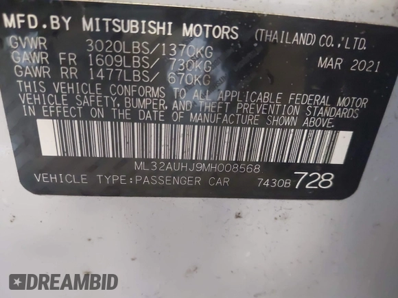 2021 Mitsubishi Mirage ES z VIN ML32AUHJ9MH008568, wystawiony jako IAAI lot #42428758 z przebiegiem 69 863 mil mil oraz . Historia ofert i sprzedaży dostępna na DreamBid. Obrazek 9.