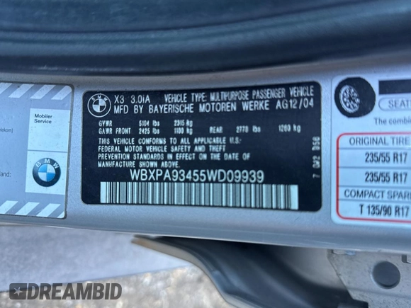 2005 BMW X3 3.0i with VIN WBXPA93455WD09939, listed as a Copart auction lot 50651495 with 147,812 mi miles and Clean Title. Bid and sale history available at carsss.com. Image 10.
