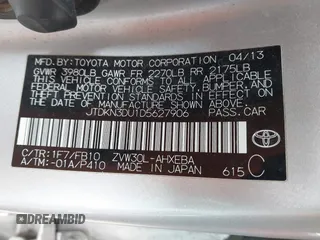 2013 Toyota Prius One with VIN JTDKN3DU1D5627906, listed as a IAAI auction lot 41971669 with 227,726 mi miles. Bid and sale history available at carsss.com. Image 9.