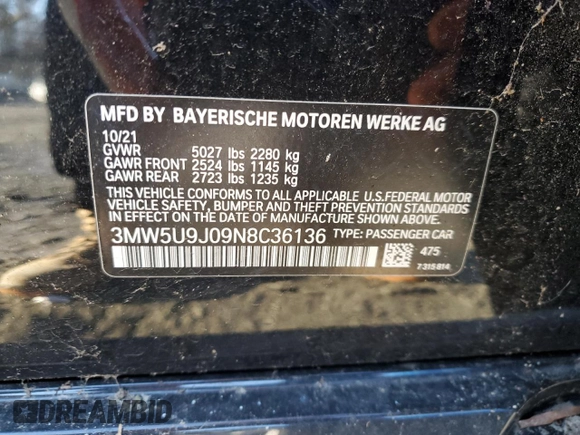 2022 BMW 3 Series M340i xDrive with VIN 3MW5U9J09N8C36136, listed as a Copart auction lot 76598524 with 45,311 mi miles and Salvage Title. Bid and sale history available at carsss.com. Image 12.