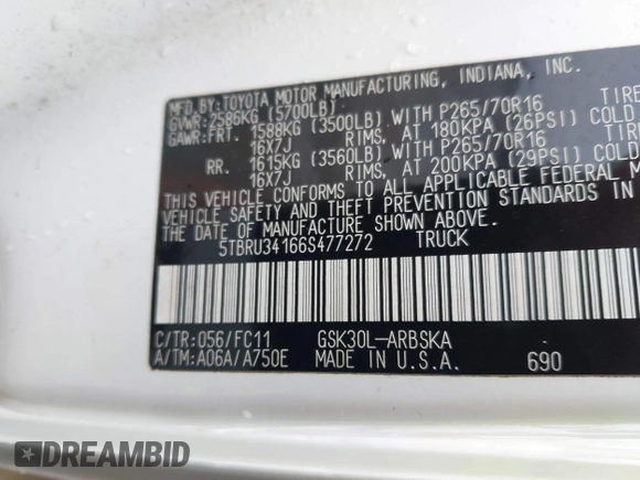 2006 Toyota Tundra SR5 with VIN 5TBRU34166S477272, listed as a IAAI auction lot 41608321 with Not Provided miles and . Bid and sale history available at carsss.com. Image 9.