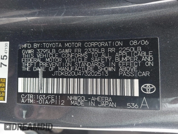 2007 Toyota Prius with VIN JTDKB20U473202513, listed as a IAAI auction lot 42039744 with 176,233 mi miles. Bid and sale history available at carsss.com. Image 9.