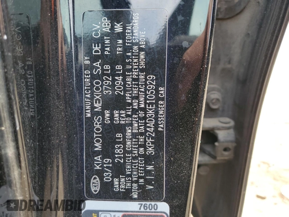 2019 Kia Forte LXS with VIN 3KPF24AD3KE105929, listed as a Copart auction lot 56757015 with 87,158 mi miles and Salvage title. Bid and sale history available at DreamBid. Image 13.