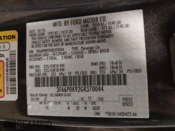 2016 Ford Fusion Titanium with VIN 3FA6P0K92GR370044, listed as a IAAI auction lot 42200799 with 95,574 mi miles and . Bid and sale history available at carsss.com. Image 9.