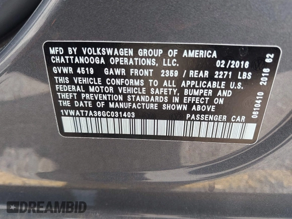 2016 Volkswagen Passat S with VIN 1VWAT7A36GC031403, listed as a IAAI auction lot 42371103 with 86,454 mi miles and . Bid and sale history available at DreamBid. Image 9.