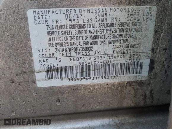 2017 Nissan Sentra S with VIN 3N1AB7AP0HY350932, listed as a Copart auction lot 58932145 with 145,154 mi miles and Salvage title. Bid and sale history available at DreamBid. Image 12.