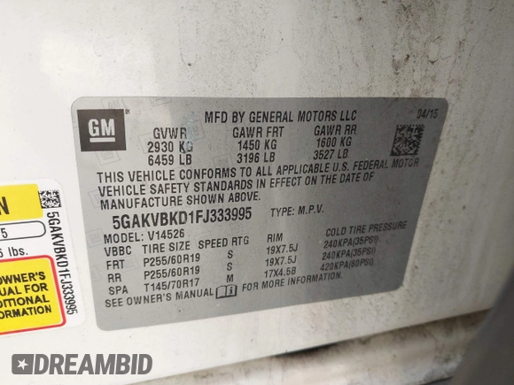 2015 Buick Enclave Leather with VIN 5GAKVBKD1FJ333995, listed as a IAAI auction lot 41684549 with 216,145 mi miles and . Bid and sale history available at carsss.com. Image 9.