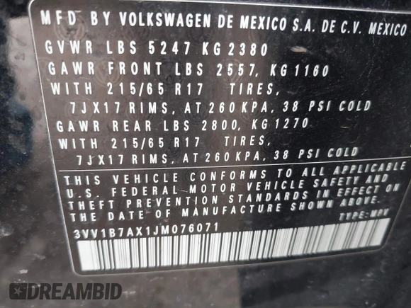 2018 Volkswagen Tiguan S with VIN 3VV1B7AX1JM076071, listed as a IAAI auction lot 42043311 with 107,883 mi miles and . Bid and sale history available at DreamBid. Image 9.