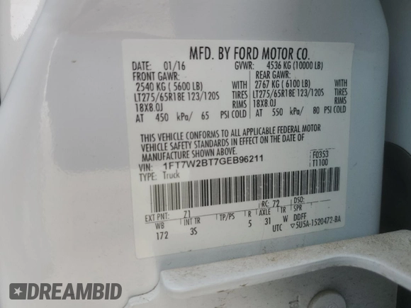 2016 Ford F-250 Lariat z VIN 1FT7W2BT7GEB96211, wystawiony jako Copart lot #46957185 z przebiegiem 73 915 mil mil oraz Szkoda całkowita • Salvage title. Historia ofert i sprzedaży dostępna na DreamBid. Obrazek 12.