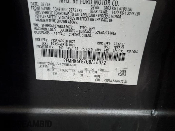 2016 Ford Flex SEL with VIN 2FMHK6C87GBA16072, listed as a Copart auction lot 85851924 with 133,505 mi miles and Salvage Title. Bid and sale history available at carsss.com. Image 13.