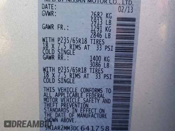 2013 Nissan Pathfinder SV with VIN 5N1AR2MM3DC641758, listed as a Copart auction lot 59859445 with 84,677 mi miles and Salvage title. Bid and sale history available at DreamBid. Image 14.