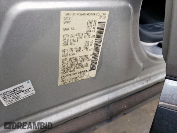 2020 Nissan Murano SV z VIN 5N1AZ2BJ6LN142691, wystawiony jako Copart lot #55117105 z przebiegiem 36 663 mil mil oraz Szkoda całkowita • Salvage title. Historia ofert i sprzedaży dostępna na DreamBid. Obrazek 14.
