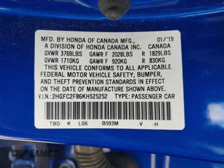 2019 Honda Civic Sport with VIN 2HGFC2F86KH525252, listed as a IAAI auction lot 41998144 with 79,417 mi miles and . Bid and sale history available at DreamBid. Image 9.