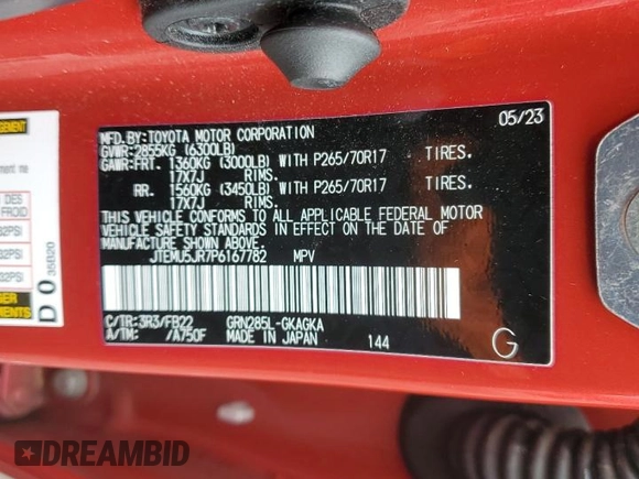 2023 Toyota 4Runner SR5 with VIN JTEMU5JR7P6167782, listed as a Copart auction lot 57796595 with 26,743 mi miles and Salvage title. Bid and sale history available at DreamBid. Image 13.