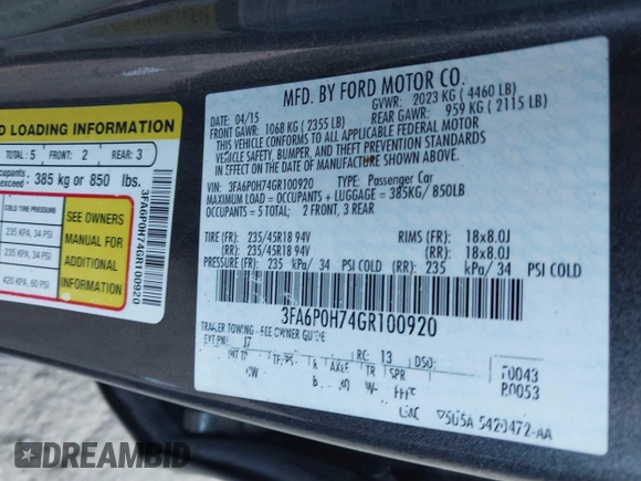 2016 Ford Fusion SE with VIN 3FA6P0H74GR100920, listed as a IAAI auction lot 41890628 with 119,448 mi miles. Bid and sale history available at carsss.com. Image 9.