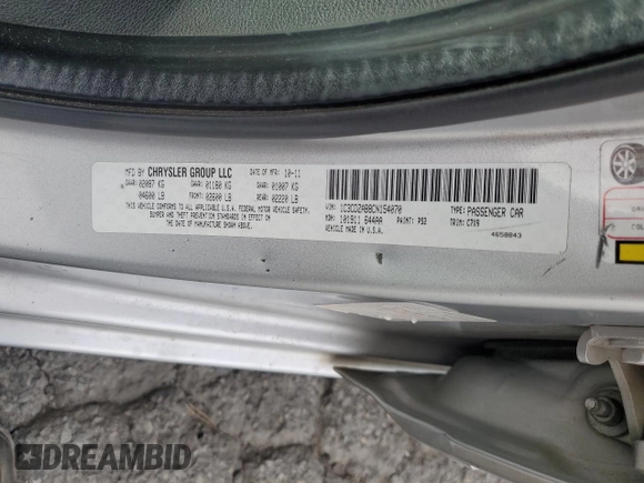 2012 Dodge Avenger SE with VIN 1C3CDZAB8CN154070, listed as a Copart auction lot 47322795 with 190,259 mi miles and Salvage Title. Bid and sale history available at DreamBid. Image 12.