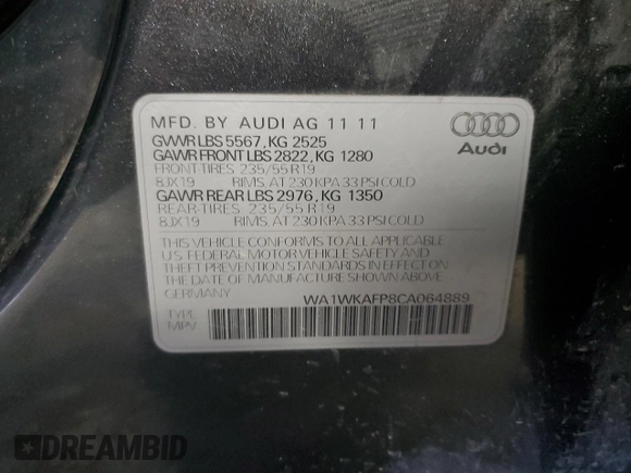 2012 Audi Q5 Prestige с VIN WA1WKAFP8CA064889, выставлен на аукционе Copart как лот 44650095 с пробегом 163 369 миль миль и Чистый • Clean title. История ставок и продаж доступна на DreamBid. Изображение 13.