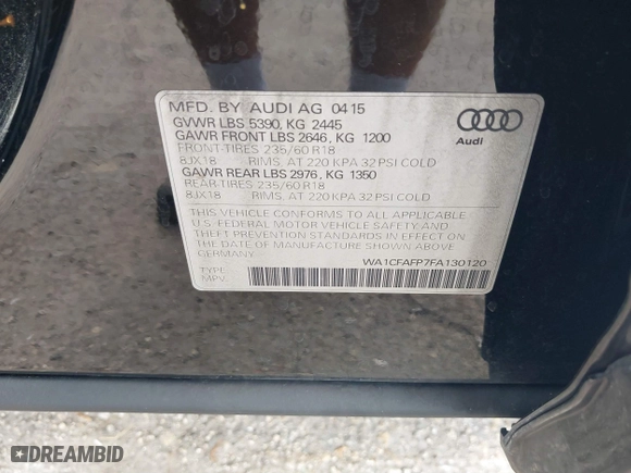 2015 Audi Q5 Premium with VIN WA1CFAFP7FA130120, listed as a IAAI auction lot 41688796 with 74,518 mi miles. Bid and sale history available at carsss.com. Image 9.